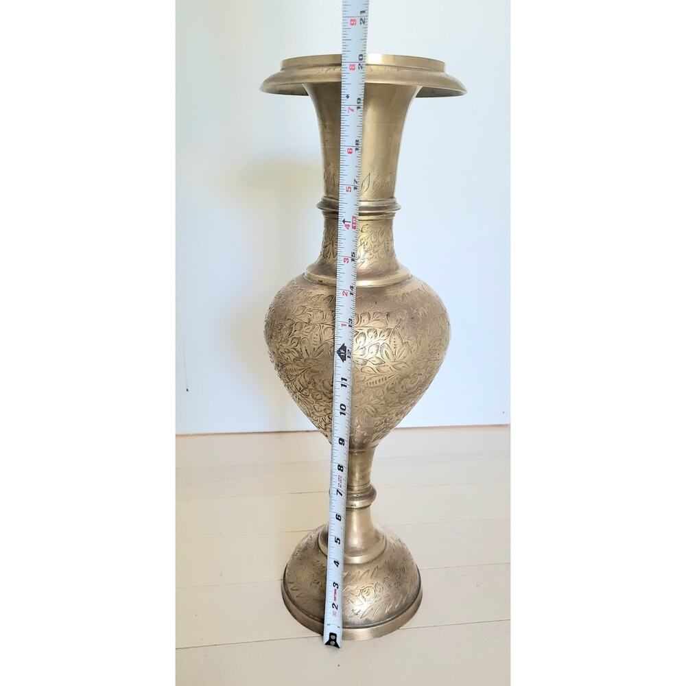 Vintage Tall Polished Brass Floor Vase India Etched Yoga Meditation Studio - Picture 5 of 9